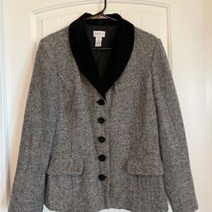 VINTAGE Gray Women's Blazer Jacket Black Velvet Details - Size 10